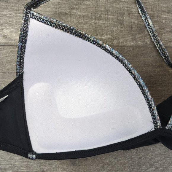 NWOT Yknktstc MD Black & Blue Shimmer Lined Detail Push Up Bra Padded Bikini Top - Picture 4 of 5